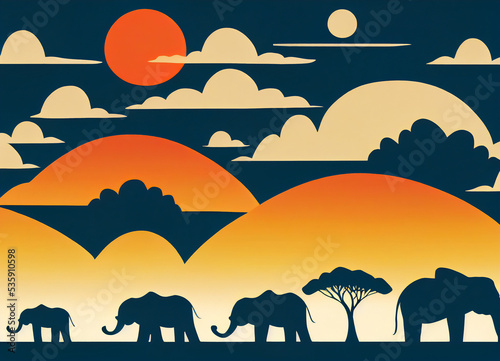 African wild landscape with African elephant silhouettes, wildlife, and orange sunset