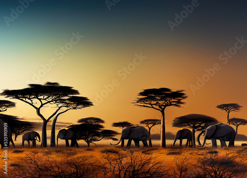 African wild landscape with elephants in the savannah  fauna and flora  for safari parks or reserve