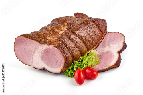 Smoked pork meat with slices, isolated on white background.