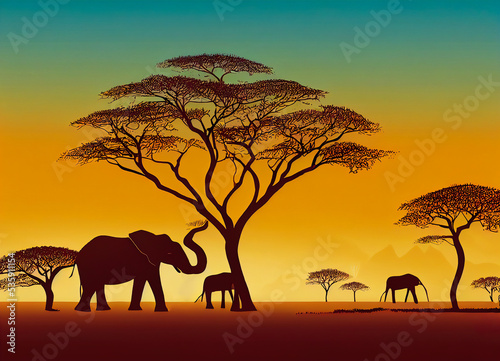 Wild elephants in an African game reserve  fauna and flora  for safari in the savanna