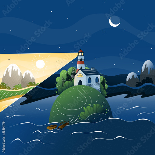 Night landscape with a lighthouse on the sea and a starry sky, vector, seascape, the lighthouse glows at night ,a house with a lighthouse, an island in the sea