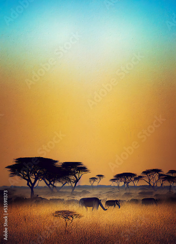 Huge and empty sky above the wild African savannah, with elephants