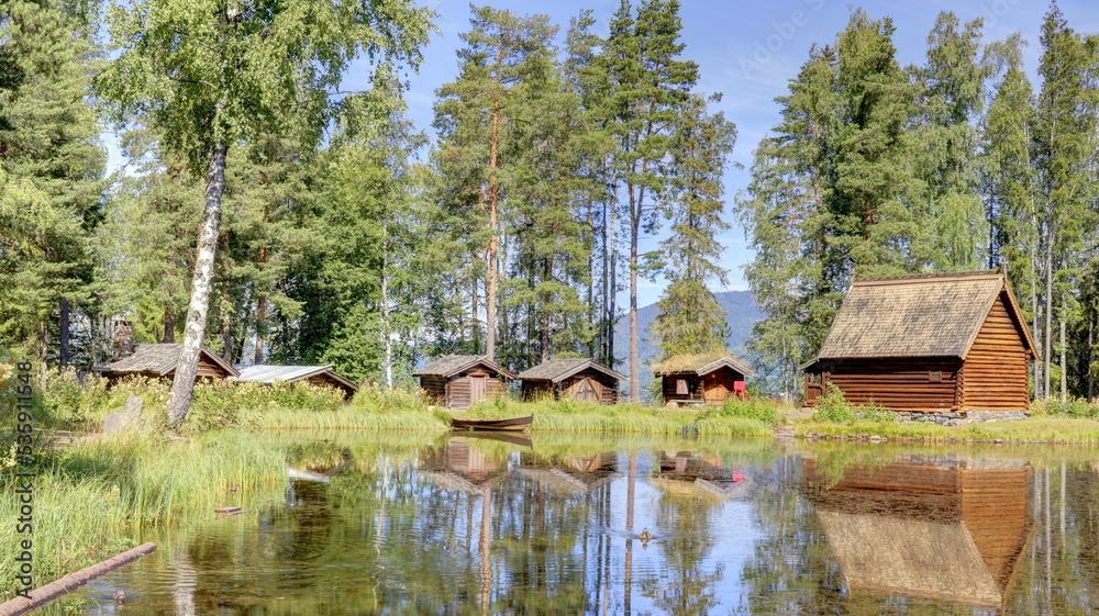 Obraz premium vieilles maisons traditionnelles en Norvège, village ancien norvégien