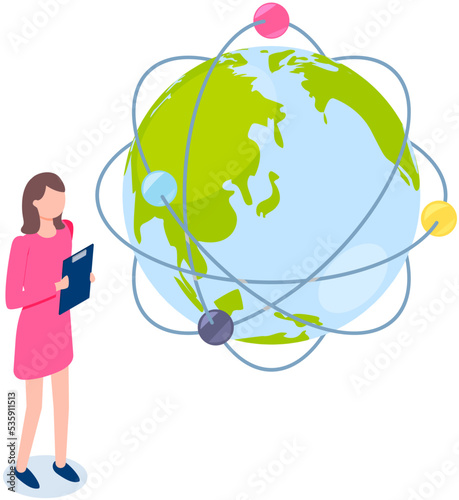 International business visual concept. Businesswoman stands at big planet layout shows and tells direction of movement of wold trade. Successful Trader. Social network. Travel agency manager at work