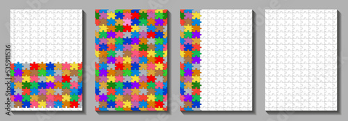 Colorful seamless vector puzzle set pattern for cover design, booklet, postcard, poster, flyers, cards. Multicolor kids backdrop. Funny baby geometric endless background. Template for design.