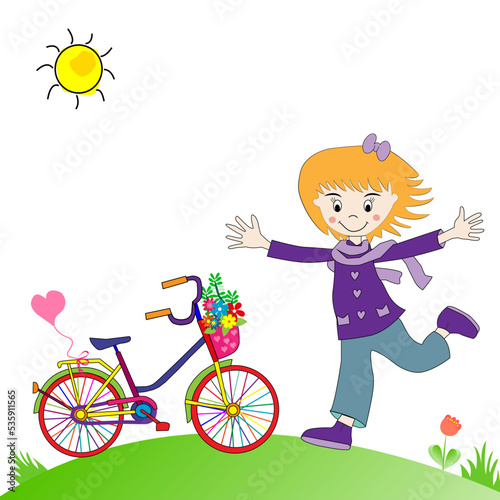 Niña feliz con bicicleta en el campo.