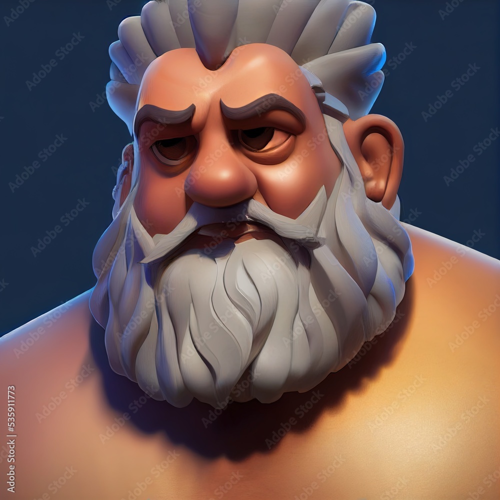 Greek god of Olimp Zeus portrait. Animated movie character design isolated. Animation 3d digital art style, realistic light render. 3D illustration. - obrazy, fototapety, plakaty 