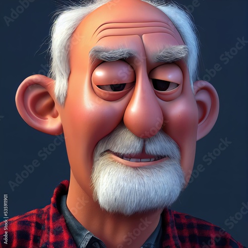 Oldish gardener and farmer portrait. Animated movie character design isolated. Animation 3d digital art style, realistic light render. 3D illustration. photo