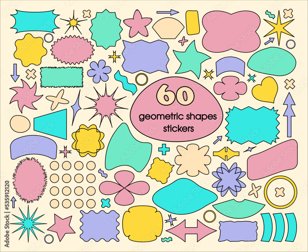 A set of geometric shapes highlighted on a beige background. A collection of retro graphic elements in the style of pop art. Isolated vector elements, Memphis colored stickers.