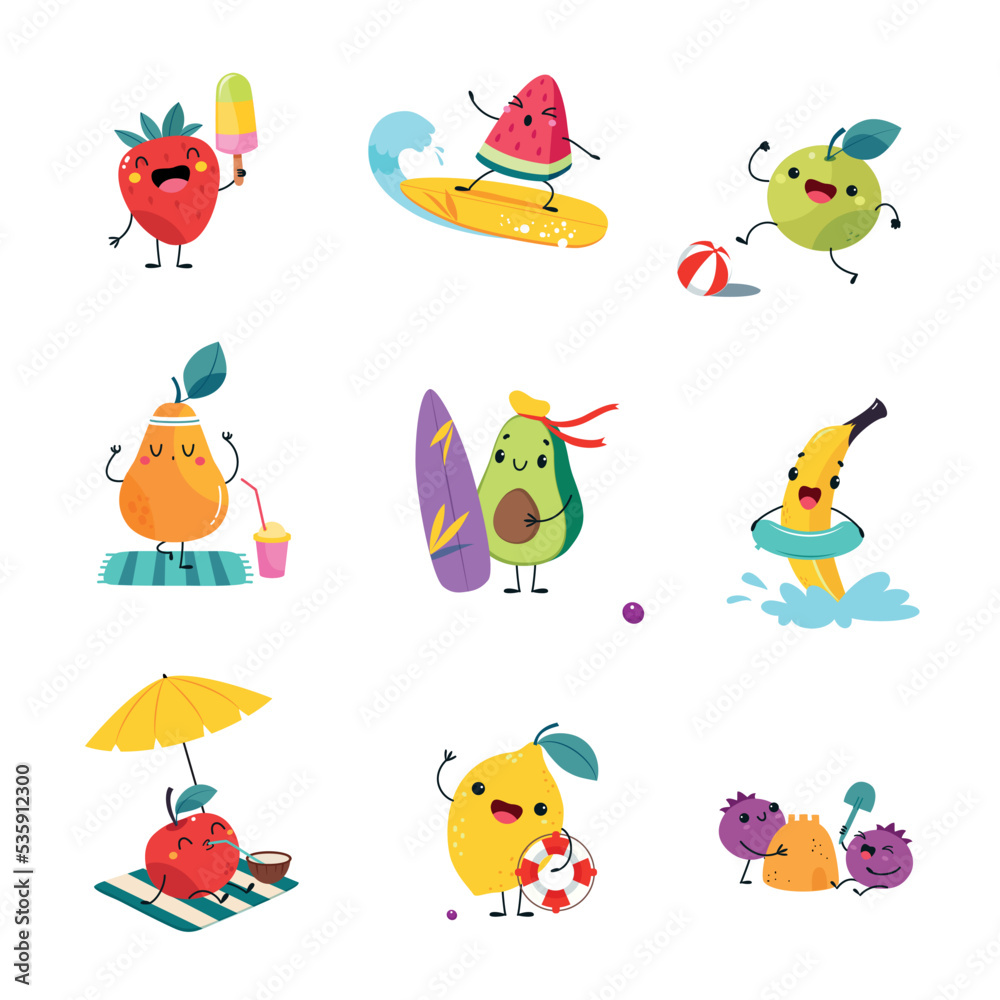 Fototapeta premium Summer Fruit Characters Enjoying Beach Vacation Having Fun Vector Set