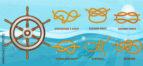 Yellow nautical rope knot, interweaving of ropes, tapes or other flexible linear materials. Twisted tape set of rope knots, hitches, bows, bends. Fastening any tackle or connection between two cables