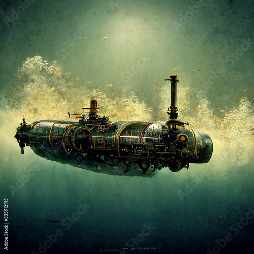 Photo Steampunk submarine underwater, Jules Verne style made with generative AI