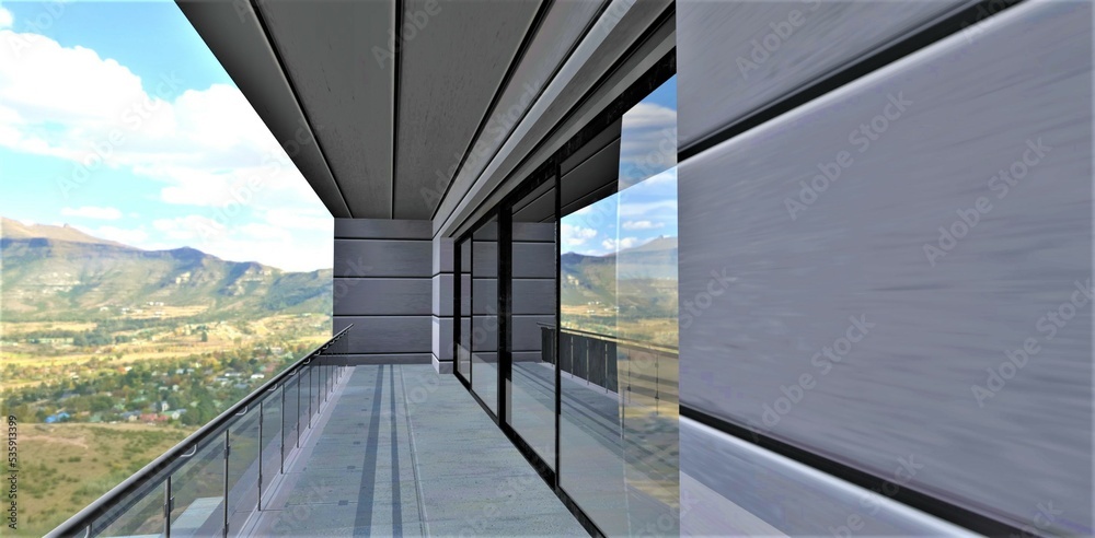 Fototapeta premium The concept of an advanced balcony with a concrete floor and walls finished with aluminum panels with insulation. Glass railing. Amazing mountain village below. 3d rendering.