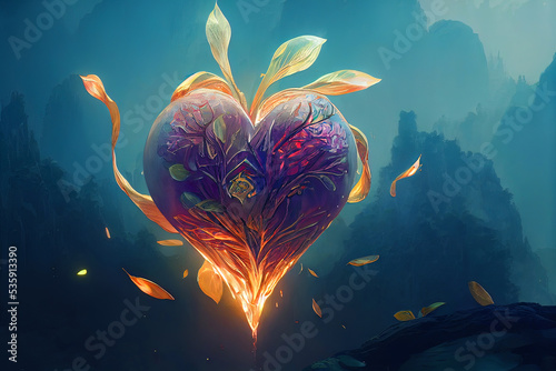 Heart silhouette with magic flowers. Fantasy heart.  photo