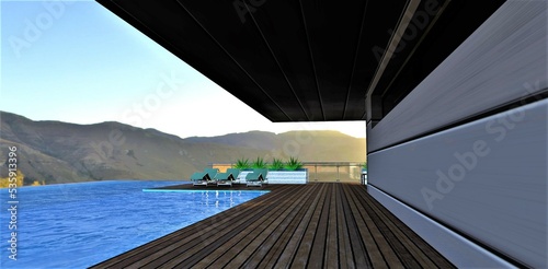 Terrace board on the roof next to the pool. Aluminum clad wall. Three sun loungers in the recreation area. View of the mountain landscape. 3d rendering. © Oleksandr