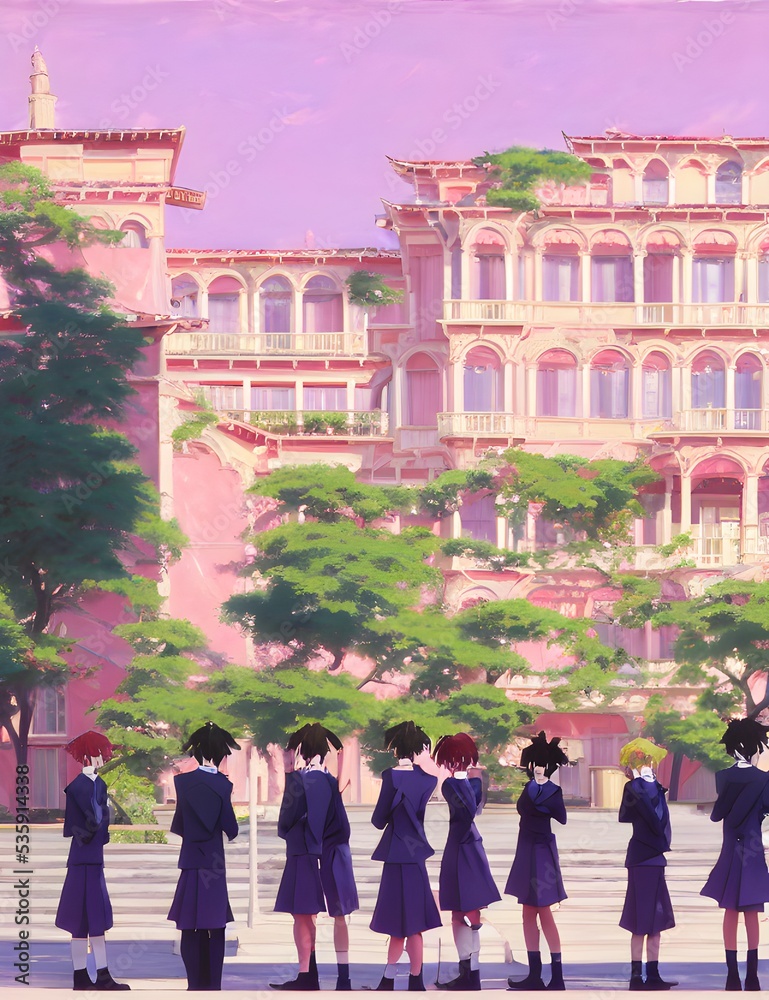 Obraz premium Pink School cute , midday, blue skies