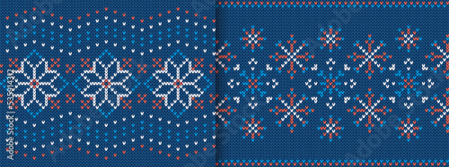 Blue knitted seamless textures. Knit sweater prints. Christmas pattern. Set Xmas winter geometric background. Holiday fair isle traditional ornament. Festive crochet. Vector illustration
