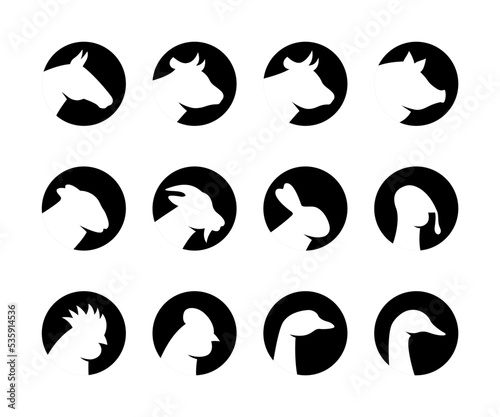 Set of farm animal head silhouettes. Pig, Horse, Turkey, Goat, Sheep, Chicken, Rooster, Duck, Rabbit, Goose, Cow head silhouettes. Farm animal icons