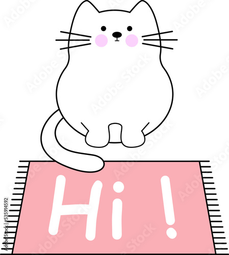 A funny cat is sitting in front of a mat with the inscription HI ! . Cute isolated vector illustration on white.