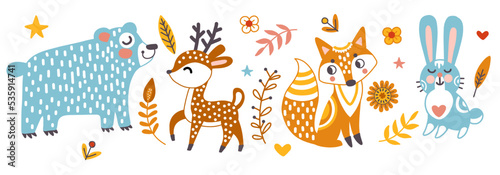 Horisontal card with animals vector illustration whire