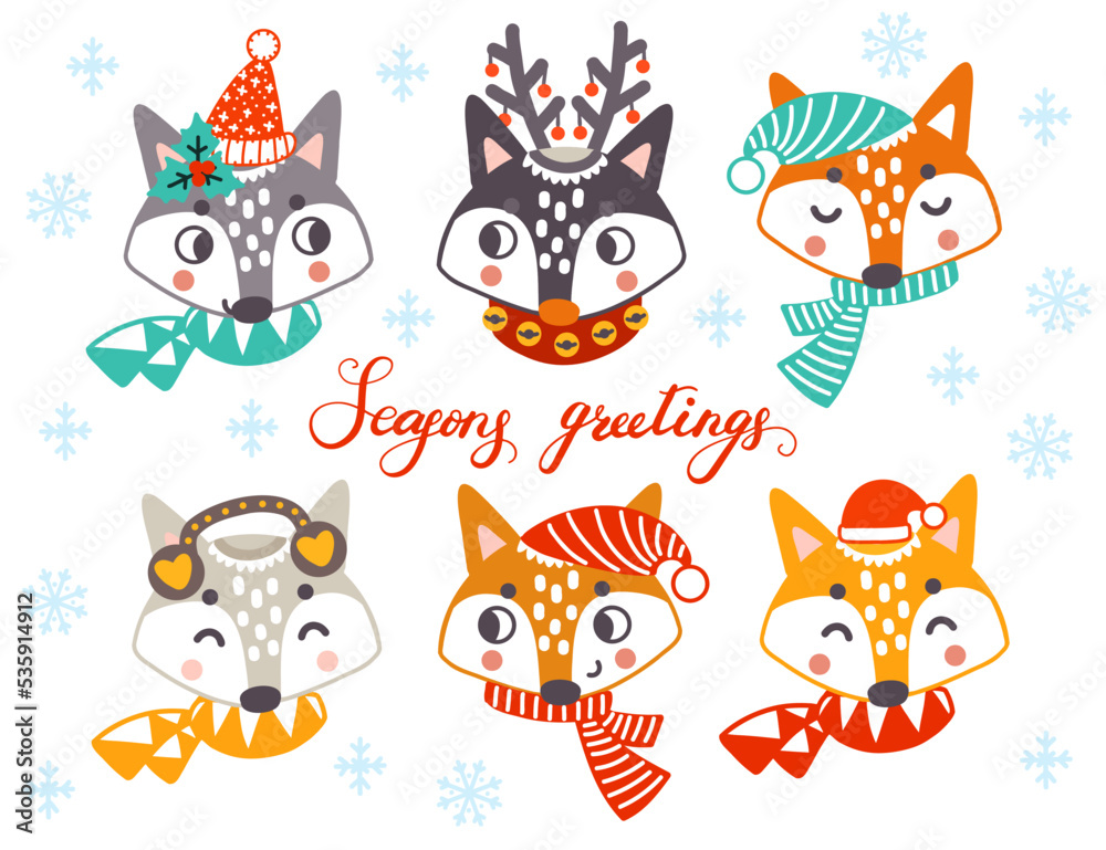 Set of christmas foxes characters vector illustration