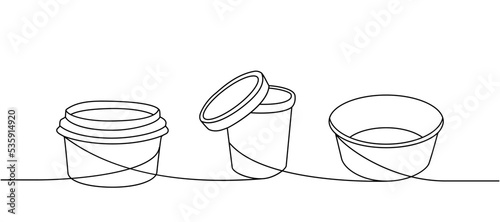 Takeaway cardboard boxes one line continuous drawing. Empty cardboard boxes, bags for takeaway food continuous one line illustration.