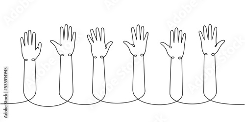 Hands raised up one line continuous drawing. Voting, volunteering continuous one line illustration. Vector minimalist linear illustration.