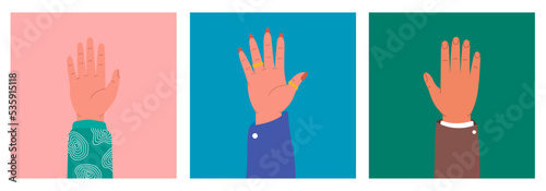 Set of raised hands. Different posters with hands raised up. Vector illustration. Teamwork, collaboration, voting, volunteering.