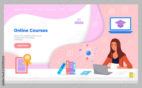 Online courses landing page template. E-learning banner. Selfeducation home schooling. Modern workplace woman teacher with laptop student watching Education vlog with tutorials webinar for employees photo