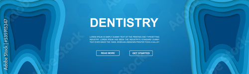 Tooth paper cut symbol for head promotion banner. Horizontal paper cut illustration. Dentistry design template illustration concept.