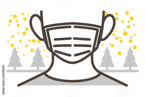 Pollen flying from a cedar forest and a person wearing a mask to prevent hay fever [Vector illustration].