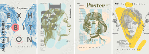 Poster for the event. A man's face in a painted style. Set of vector illustrations. Engraving, pencil style. Modern typography. Background with abstract elements. Cover art, banner, t-shirt print.