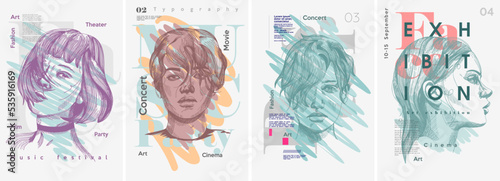 Poster for the event. A man's face in a painted style. Set of vector illustrations. Engraving, pencil style. Modern typography. Background with abstract elements. Cover art, banner, t-shirt print.