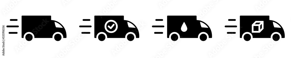 Conjunto de icono de camión de entrega y transporte. Camión de reparto. Entrega gratuita. Ilustración vectorial - obrazy, fototapety, plakaty 