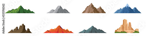 Conjunto de montañas. Roca, montaña, colina, llanura. Concepto de relieve de cordillera y naturaleza. Ilustración vectorial photo