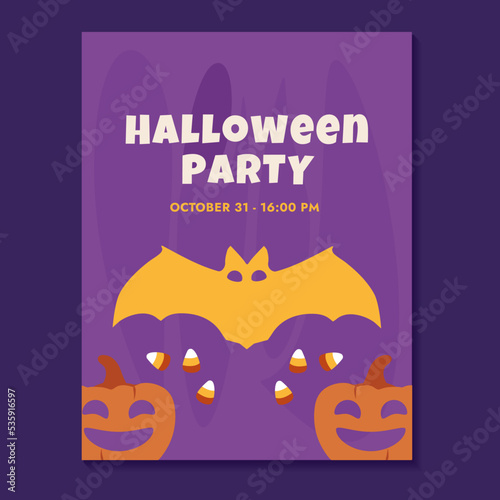 Cute bat, pumpkins and candy corn. Flyer invitation to a Halloween party on a purple background. Doodle items celebration. Vector illustration.
