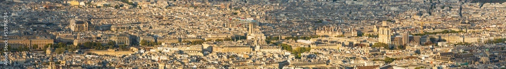 Ultra wide top panorama of Paris architecture overlooking Notre Dame 