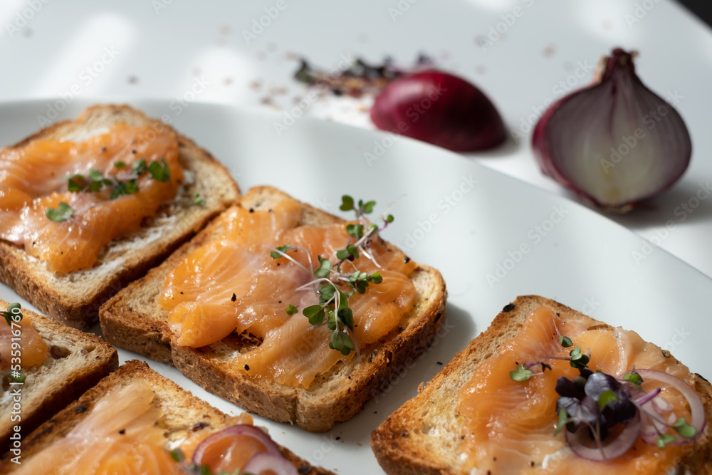 delicious slices of toasted bread with tasty slices of salmon and radish sprouts on them, white plate on a white table in blurred onions in the background, sunny kitchen on a summer day delicious slices of toasted bread with tasty slices of salmon and radish sprouts on them, white plate on a white table in blurred onions in the background, sunny kitchen on a summer day