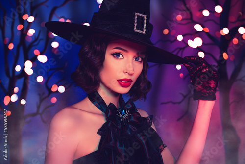 Vászonkép Collage of frightening devil mysterious woman wear gothic witch dress halloween