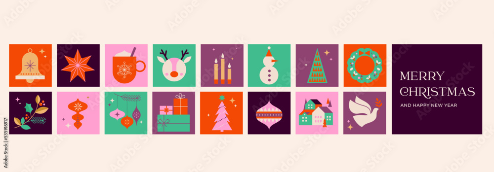 Collection of Christmas decorations, holiday gifts, winter elements, candles, Christmas tree, dove, village and hot chocolate. Colorful vector illustration in flat geometric cartoon style Collection of Christmas decorations, holiday gifts, winter elements, candles, Christmas tree, dove, village and hot chocolate. Colorful vector illustration in flat geometric cartoon style