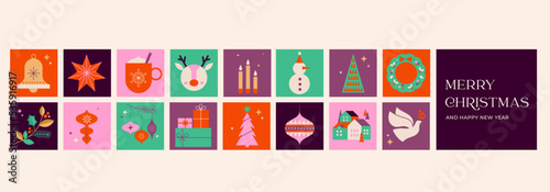 Collection of Christmas decorations, holiday gifts, winter elements, candles, Christmas tree, dove, village and hot chocolate. Colorful vector illustration in flat geometric cartoon style