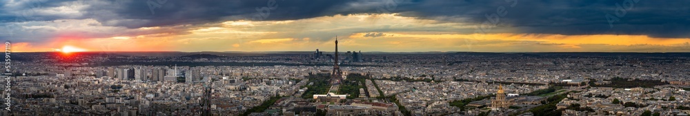 Obraz premium Aerial sunset panorama of Paris with Eiffel Tower, France