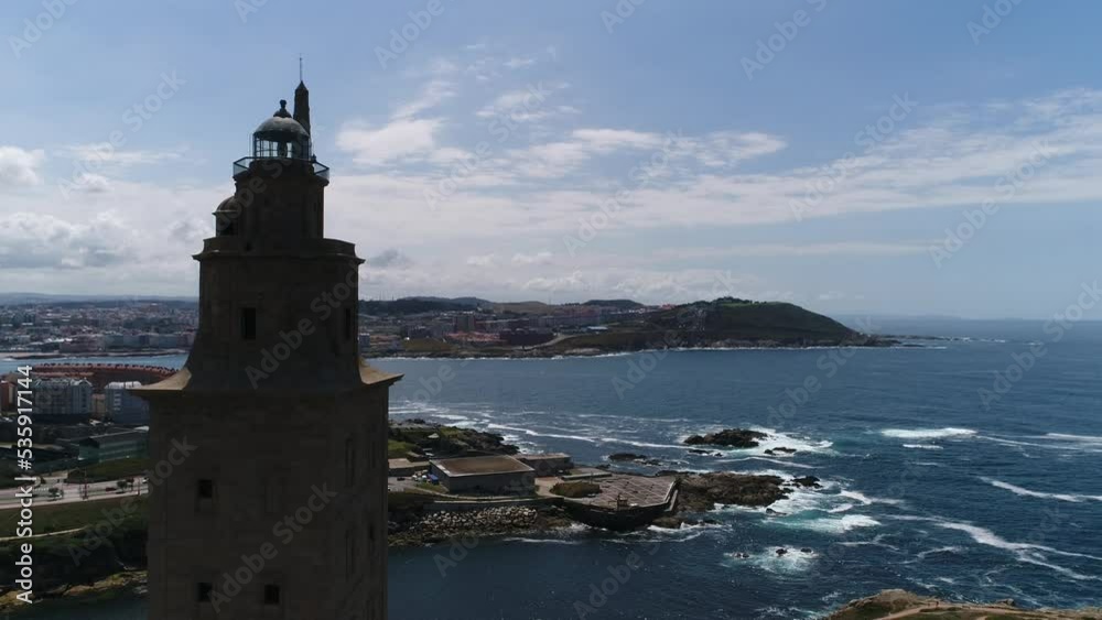 Aerial View Shot of Tower of Hercules (Torre de Hercules) lighthouse located in city of La Coruna Aerial View Shot of Tower of Hercules (Torre de Hercules) lighthouse located in city of La Coruna