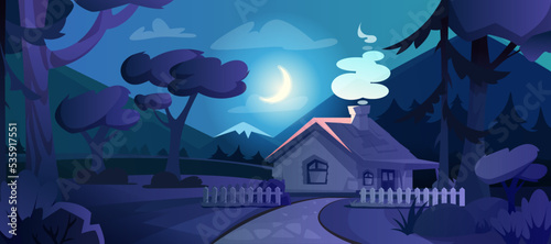 Cartoon country house with glow windows in night forest. Nature scene landscape of forester cottage with smoke from chimney, fence, road, mountains and moon in dark sky. Rural village under moonlight. © redgreystock