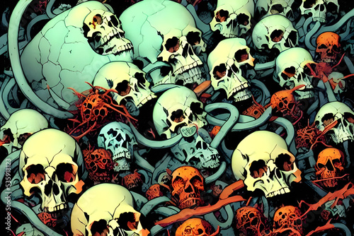 pile of sculls in hell - american graphic novel / comic cover / poster style - H. P. Lovecraft
