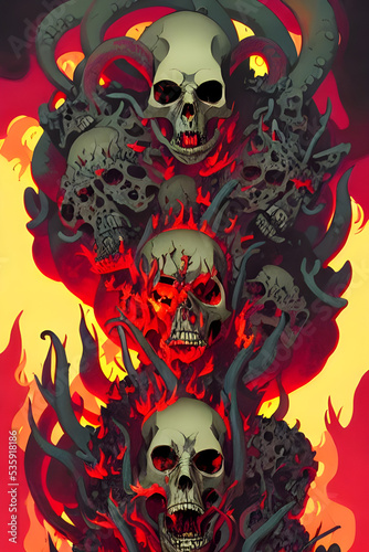pile of sculls in hell with fire and smoke - american comic style