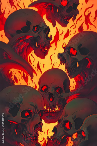 pile of sculls in hell with fire and smoke - american graphic novel / comic cover / poster style - H. P. Lovecraft