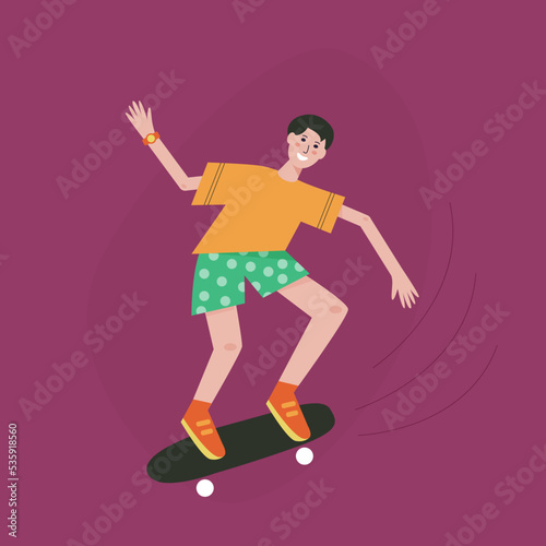 Vector flat illustration with boy on a skateboard.