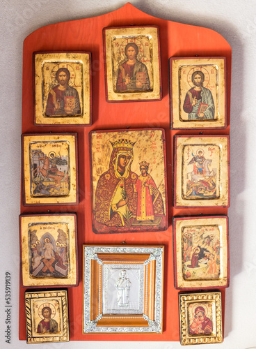 Religious icons and paintings inside an Orthodox curch in Greece