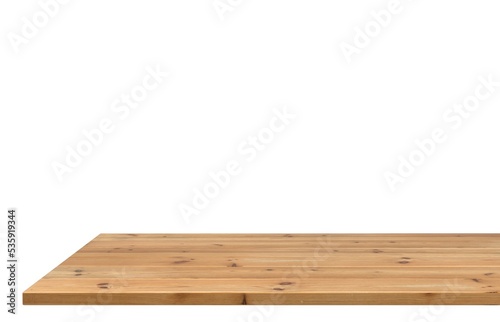 Natural board, countertop on a white background for product photo. Pine surface. 3d rendering.